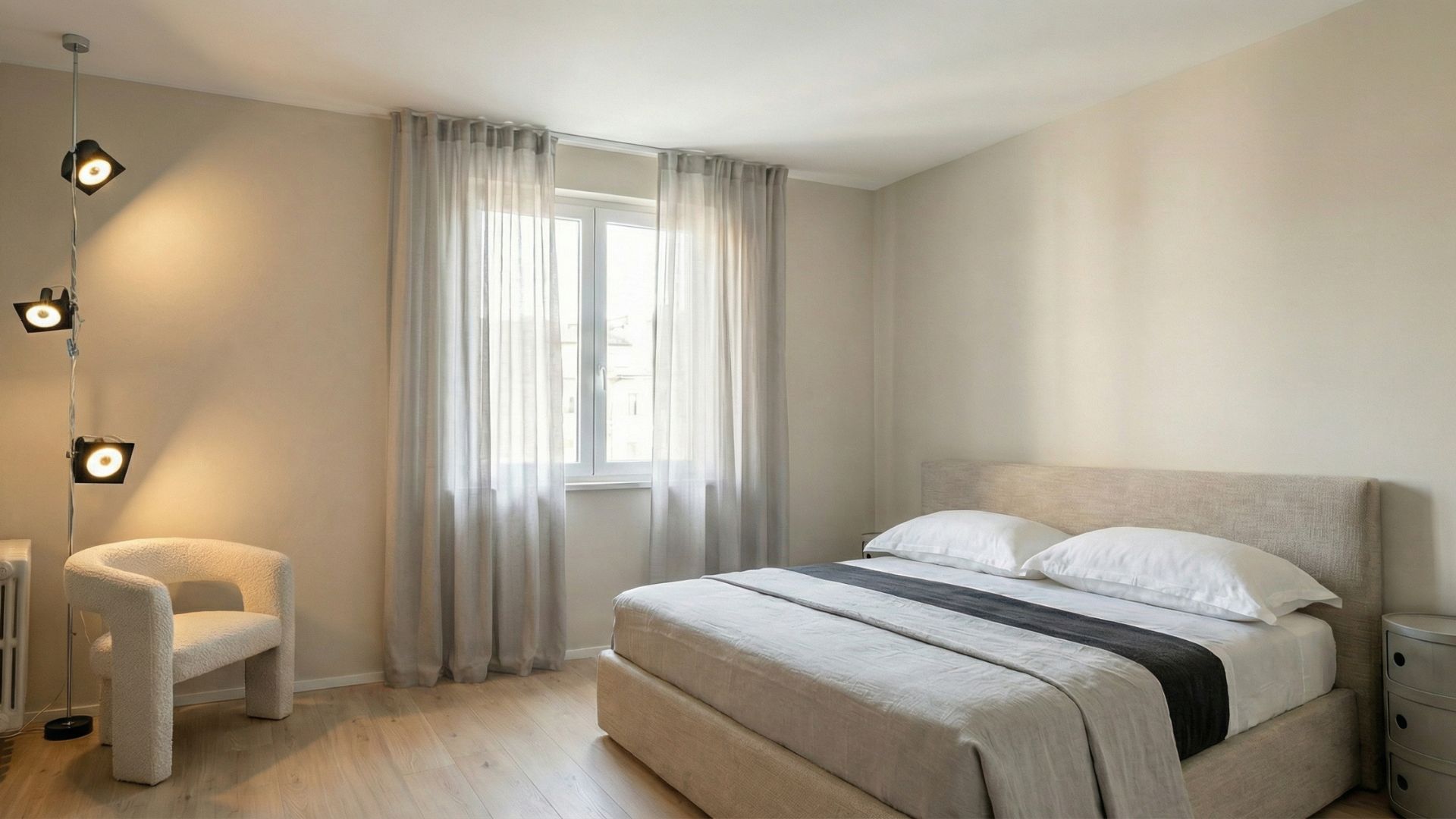 Render finale della camera da letto ristrutturata e arredata