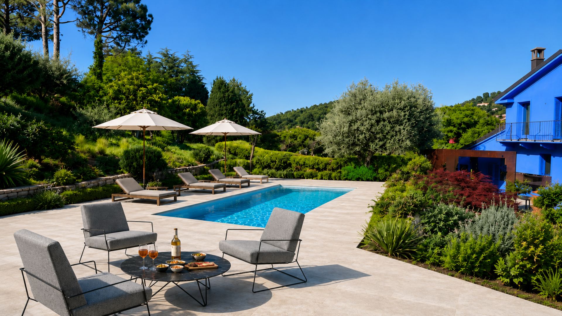 Render finale del giardino valorizzato con piscina e area lounge