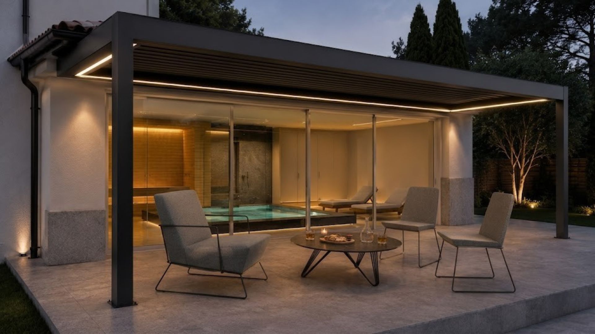 Render finale dell'area relax con pergola bioclimatica e spa